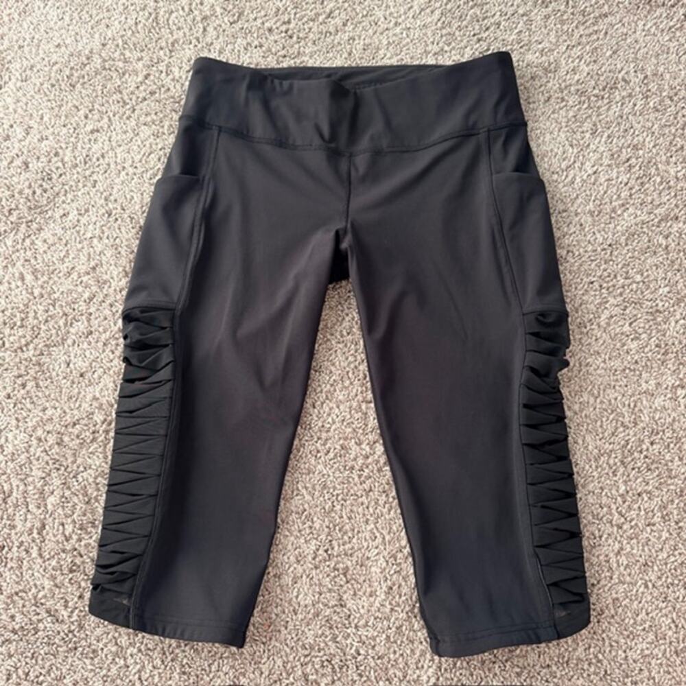 Lululemon Sharp Turns Black Crop 17" Ruched Mesh Side Panels Pocket Women's 12